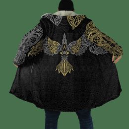 Men's Wool Blends 2023 Winter Mens Cloak Huginn Ravens of Midgard Gold 3D Printing Fleece Hooded cloak Unisex Casual Thick Warm Cape coat PF39 HKD230718