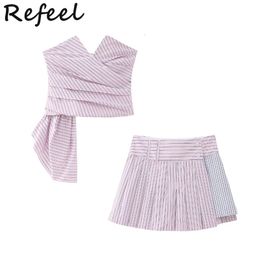 Women's Two Piece Pants Refeel Shorts Sets Patchwork Pleated Femme Front Buttons Side Zipper Women Fashion Camisole Chic With Short Mujer 230718