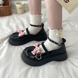 Dress Shoes Rimocy Sweet Bowknot Flats Shoes Womens Rivet Ankle Strap Platform Lolita Shoes Woman Heart Buckle Thick Bottom Mary Janes 230719