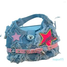 Shoulder Bags Hip Hop Women Bag Soft Denim Handbag Belt Buckle Y2k Spice Girls Pink Pentagram Patch Design Tassels Raw Edge Crossbody