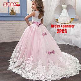 PLBBFZ Pink White Girls Bridesmaid Evening Dress Kids Clothes For Children Pageant Party Wedding Princess Vestidos 3-14 Years