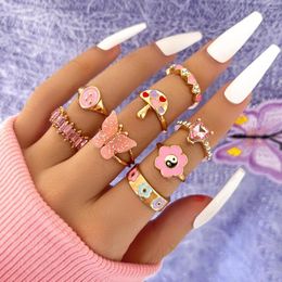 Cluster Rings Pink Acrylic Butterfly Knuckle Ring Set For Women Crystal Enamel Mushroom Yin Yang Flower Girls Fashion Jewellery