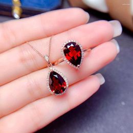 Necklace Earrings Set Red Waterdrop Crystal Wedding Bride Jewelry For Women Luxury Rose Gold Color Ring Accessories Wholesale Gifts KC038