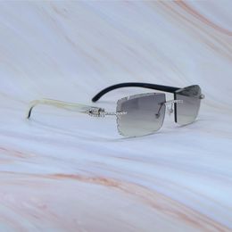 Iced Out Sunglasses Men White Inside Black Genuine Buffalo Horn Designer Sun Glasses Luxury Diamond Cut Carter Shades Eyewear Rhinestones Sunglass Silver Frame