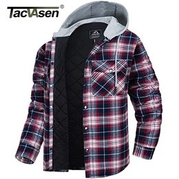 Men's Casual Shirts TACVASEN Cotton Flannel Shirt Jacket with Hood Mens Long Sleeve Quilted Lined Plaid Coat Button Down Thick Hoodie Outwear 230718