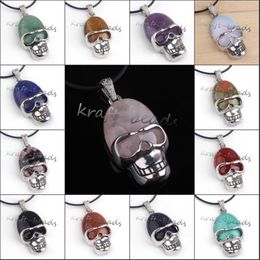 whole 10Pcs Charms Silver Plated Mixed Different Natureal Stone Skull Shape Stone Pendant Jewellery Fit Necklace No Chain288b