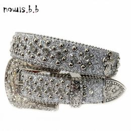 Neck Ties NOWISBB Silvery Belts For Women Men Y2K Leather Strap Crystal Studded Western Cowgirl Cowboy Diamond Bling Belt 230718