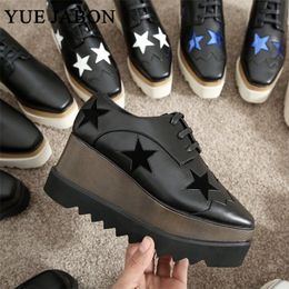 Dress Shoes Black White golden silver five Stars Shoes Women high quality Square Toe lace-up thick Bottom Platform Wedge heel Causal Shoes 230718