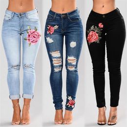 Stretch Embroidered Jeans For Woman Elastic Flower Jeans Female Slim Denim Pants Hole Ripped Rose Pattern Pantalon Femme190A
