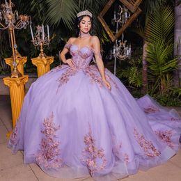 Luxury Lavender Shiny Sweetheart Sexy Off Shoulder Quinceanera Dresses Ball Gown 2024 Appliques Lace Sweet 16 Dress Party Dresses Lace-Up