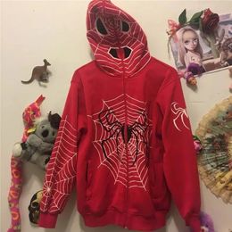 Men's Street Hoodie Spider Web Red Zip Hoodie Grunge Plus Sweatshirt Jacket