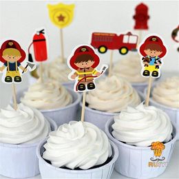 72pcs fireman cake toppers cupcake picks cases fire fighter kids birthday party decoration baby shower candy bar210s