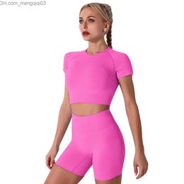 Women's Tracksuits Women's exercise set yoga suit short sleeved crop top+high waisted running shorts fitness suit 2-piece S hot P Z230719