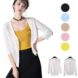 Women's Knits Cardigan Summer Long Sleeves Three-quarter Korean Style V-neck Knit Sweater UV-cut Ice Silk Top Thin Oversize