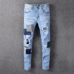 Fashion Men's Long Pants Desiger High Quality Patchworl Ripped Hole Demin Trousers Streetwear Jeans for Men217t