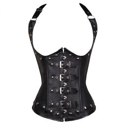 Black Women's Punk Style Spiral Steel Boned Waist Trainer Cincher Shaper Faux Leather Corset Underbust For Party Costumes 8252614