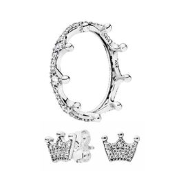 Cute Crown Stud Earrings and Ring Set for Pandora 925 Sterling Silver designer Jewellery For Women Sparkling Crystal Diamond Luxury Rings Earring with Original Box