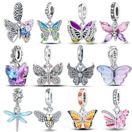Colorful Butterfly and Dragonfly Bead Dangle butterfly charm necklace Set - 925 Silver for Pandora, DIY Fine B Bands Jewelry Pendant