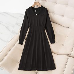 Casual Dresses Big Size Elegant Long Sleeve A-Line Knitted For Women 2023 Polo Collar Twist Pattern Sweater Dress Autumn Winter Robe