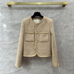 2023 Autumn Khaki Solid Color Contrast Trim Jacket Long Sleeve Round Neck Panelled Single-Breasted Jackets Coat Short Outwear Q3Q13CT