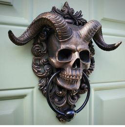 Decorative Objects Figurines Resin Punk Satan Skull Sheep Head Ring Statues Wall Hanging Decoration Home Door knocker Interior Object Accessories 230718