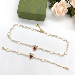 Chic Ruby Diamond Pearl Necklace Bracelet Designer Double Letter Pendant Necklaces Love Heart Rhinestone Bracelet Jewellery Sets253D