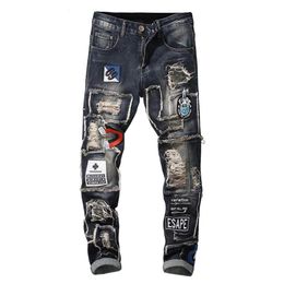 GINZOUS Men's badge patchwork ripped embroidered stretch jeans Trendy holes patches design slim straight denim pants200Y