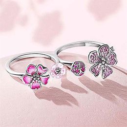 925 Sterling Silver Band Double Finger Peach Blossom Flowers Ring Fit Pandora Jewelry Engagement Wedding Lovers Fashion Ring209Z
