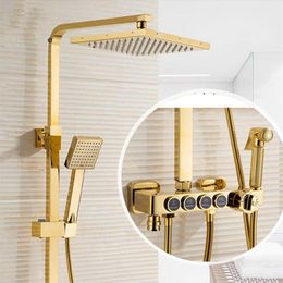 Thermostatic Golden Shower Faucet Set Wall Mounted Temperature Control Shower Mixers with Hand Shower Bidet Sprayer Head185i