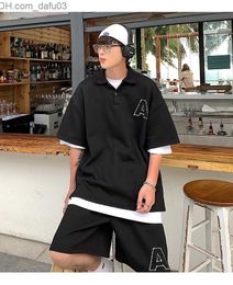 Men's Sleepwear Summer Two Piece Set Men's Street Clothing Track Set Cool Polo Collar Shirt Trend Waffle T-shirt Pants 2023 Unisex Hip Hop City Boys' Set Z230719