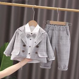 Clothing Sets New Spring Children's Bow Set Formal Cotton Gentleman Casual Boys' Set T-shirt Pants 3 Pieces/Set Baby Set Party Clothing Z230719
