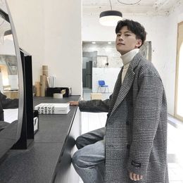 Men's Wool Blends Medium and Long Woolen Trench Coat 2022 Winter New Men's Korean Plaid Coat Fashion Double-breasted Cloth Coat Gray HKD230718