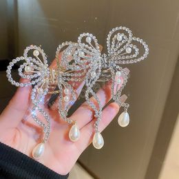 Butterfly Inlaid Rhinestone Hair Claws for Women Pearl Water Drop Hair Clip Chain Grip Silver Colour Wedding Hair Accessory