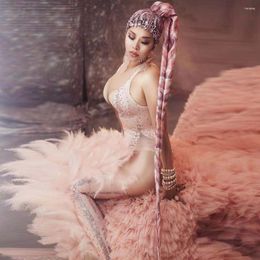 Stage Wear Sexy Party Nightclub Outfit Dance Costume Fashion Show Pink Long Cloak Rhinestones Bodysuit Feather Cover Legging