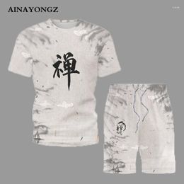 Men's Tracksuits 2023 Trend Men Clothing Summer Retro T Shirts Set Chinese Character Culture Printed Male Short Tracksuit Suit Casual