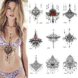 1 PIECE Under Boob Sternum Temporary Tattoo with Unalone, Spiritual Symbols,Loutus Pattern Body Art Sexy Waist Tattoo For Girl