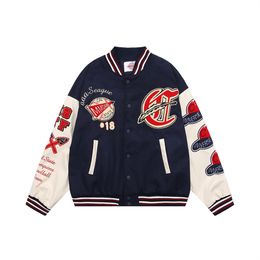 Men's Jackets Varsity Casual Contrast stitching PU leather sleeve heavy industry embroidery letter racing jacket jacket American high street loose men's