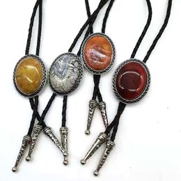 Bolo Ties Oval agate natural stone BOLO tie men's high-end wedding accessories Leather rope 230719