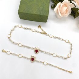 Chic Ruby Diamond Pearl Necklace Bracelet Designer Double Letter Pendant Necklaces Love Heart Rhinestone Bracelet Jewellery Sets255B