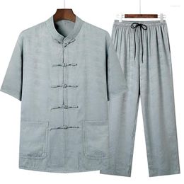 Ethnic Clothing Shanghai Storey Acetate Fibre Short Sleeve Martial Arts Embroiery Tang Suit Uniforms For Men