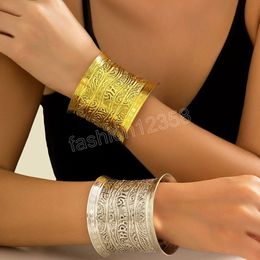 Bohemian Metal Carved Pattern Wide Cuff Bangles Vintage Punk Ethnic Bracelets Bangles For Women Men 2023 New Gift Jewelry