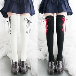 Women Socks Lolita Stockings Spring Japanese Leggings Kawaii Anime Girl Sock Black White Over Knee Stocking Cross Ribbon Cosplay