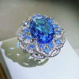 High Quality Sparkling Blue Zircon Large Flower Ring Female 925 Silver Fashion Wedding Party Proposal Jewellery Gift