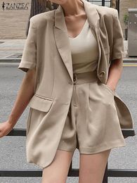 Women's Two Piece Pants ZANZEA Summer Casual Blazer Matching Sets 2PCS Lapel Neck Shirt Loose Trousers Shorts Elegant Solid Tracksuits OL Office Outifit 230718