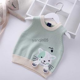 Pullover 2023 Spring Autumn Girls Knitting Vest Cartoon Embroidered cat Baby coat Knitted Sweater Vest Kids Outerwear Children Jackets HKD230719