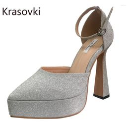 Dress Shoes Krasovki 12cm Gothic Catwolk Sequined Cloth Buckle Summer Dancing Elagance Fashion Women Sandals Platform Wedge Sexy