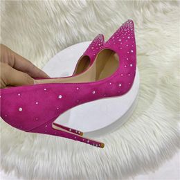 Dress Shoes Sexy Rose Red Pointed Toe Crystal Stiletto Heel Pumps Classical Solid Colour Rhinestone Slip-On High Heels Formal