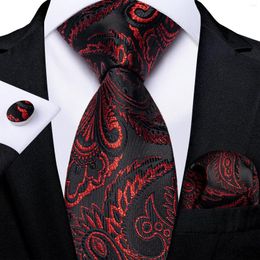 Bow Ties Red Black Paisley For Men Luxury Silk Neck Tie Pocket Square Cufflinks Wedding Accessory Gift