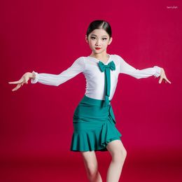 Stage Wear Latin Dance Dress For Girls Summer ChaCha Tango Dancing Clothes Long Sleeve Tops Ruffle Skirt Rumba Salsa Practise YS3107