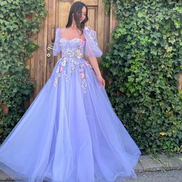 Chic Square Neck Puffy Sleeve Prom Dresses Embroidery Appliques A Line Evening Dress Tulle Floor Length Civil Cocktail Party Gowns